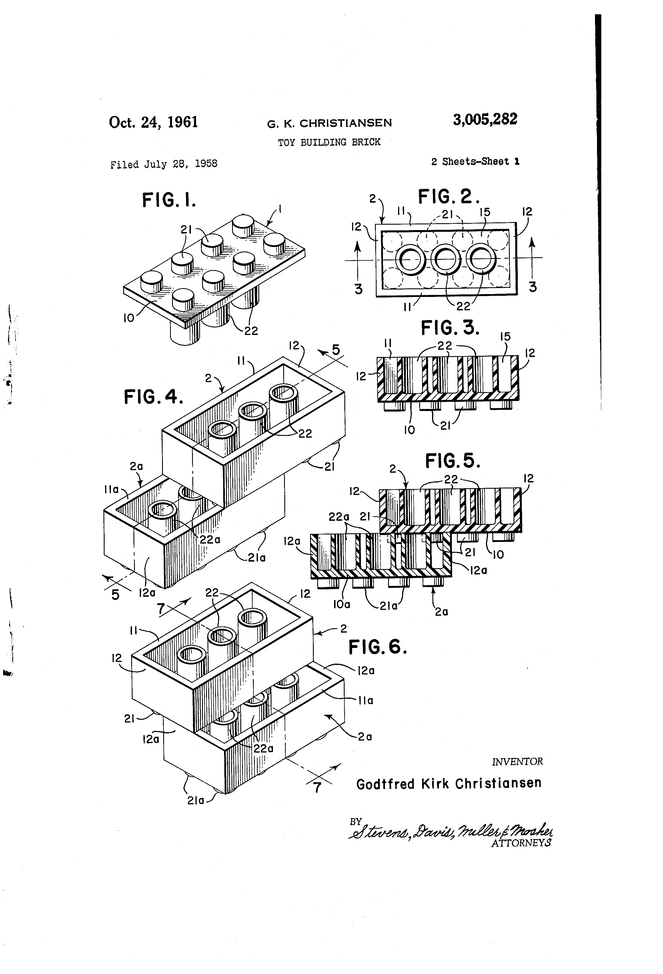 LEGO Toy Building Brick Patent - U.S. Patent No. 3,005,282